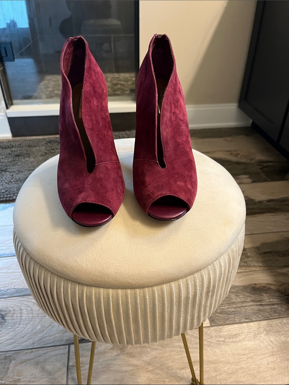 Halogen Wine Suede Peep-Toe Booties